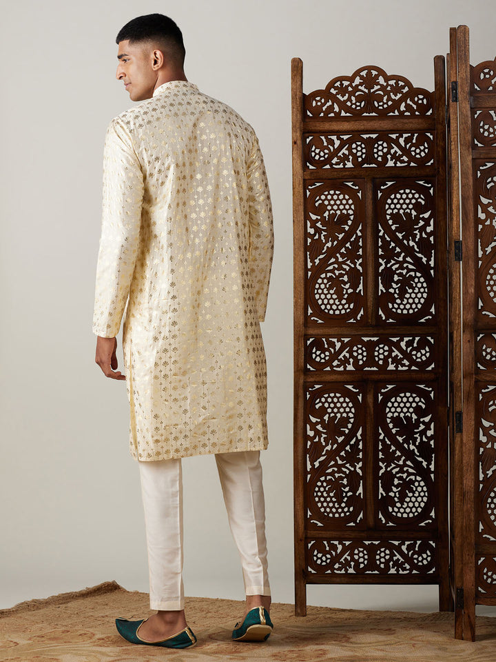 Sarvati Men's Gold Foil Printed Kurta With Cream Pant Style Pyjama Set