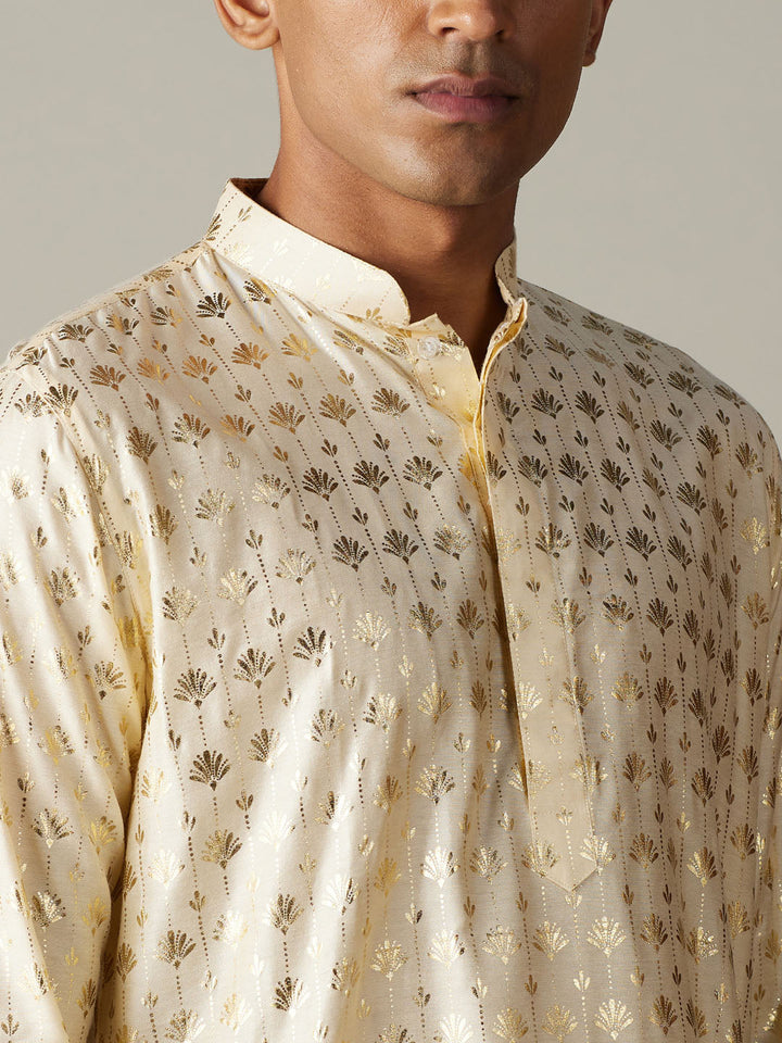 Sarvati Men's Gold Foil Printed Kurta With Cream Pant Style Pyjama Set