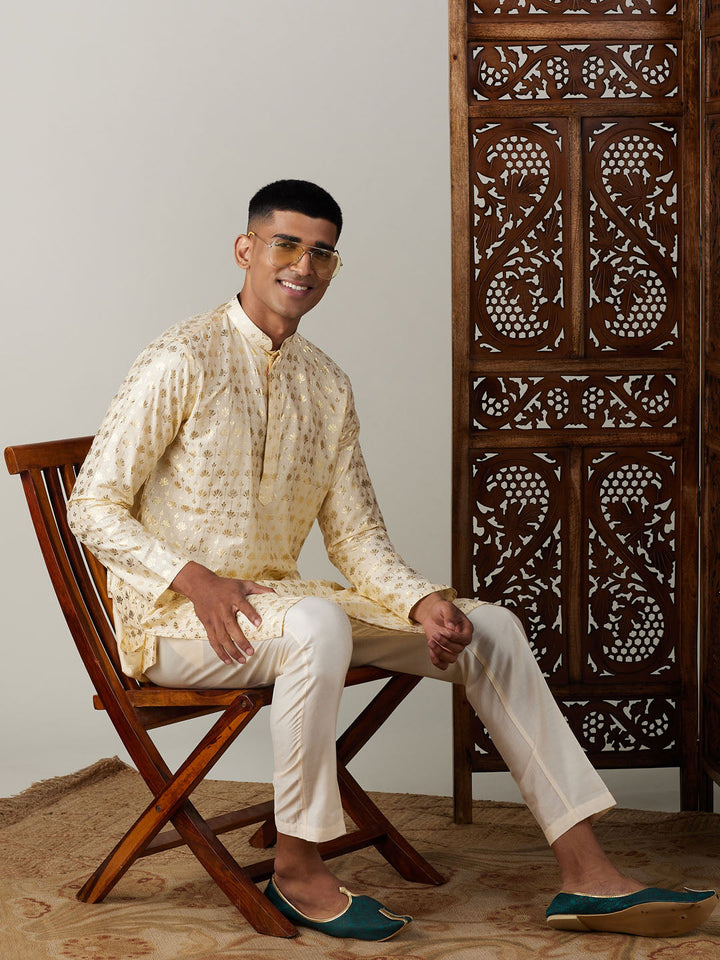 Sarvati Men's Gold Foil Printed Kurta With Cream Pant Style Pyjama Set