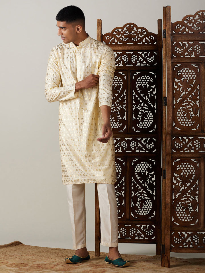 Sarvati Men's Gold Foil Printed Kurta With Cream Pant Style Pyjama Set