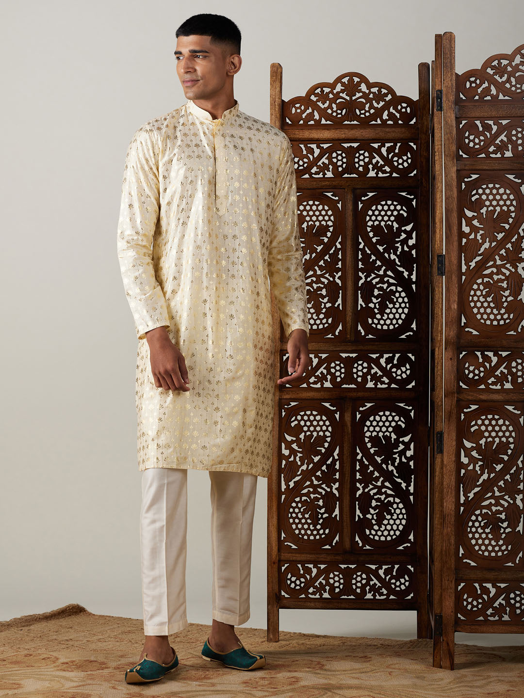 Sarvati Men's Gold Foil Printed Kurta With Cream Pant Style Pyjama Set