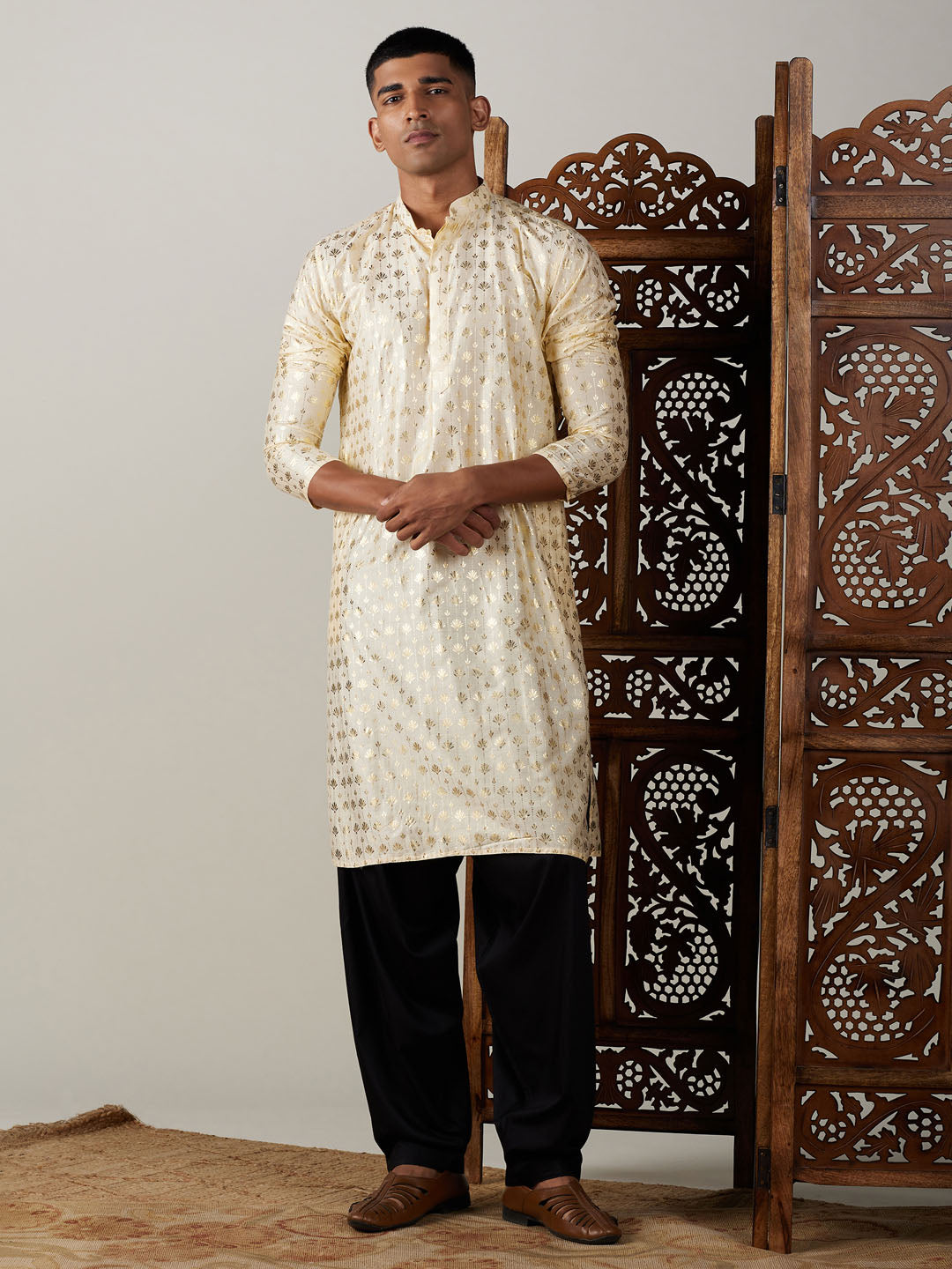 Sarvati Men's Gold Foil Printed Kurta With Black Patiala Set