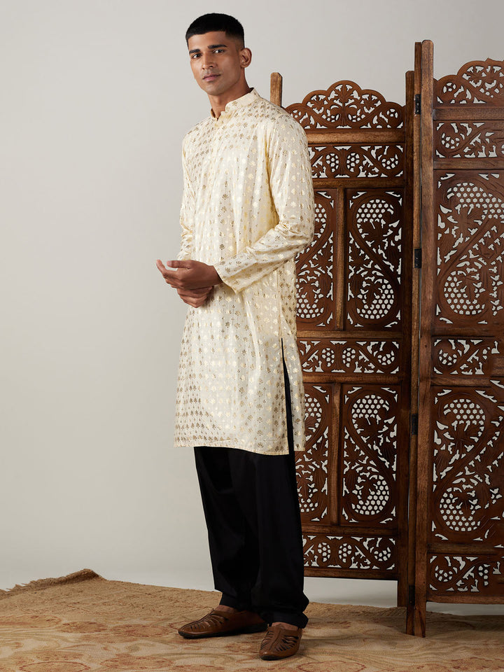 Sarvati Men's Gold Foil Printed Kurta With Black Patiala Set