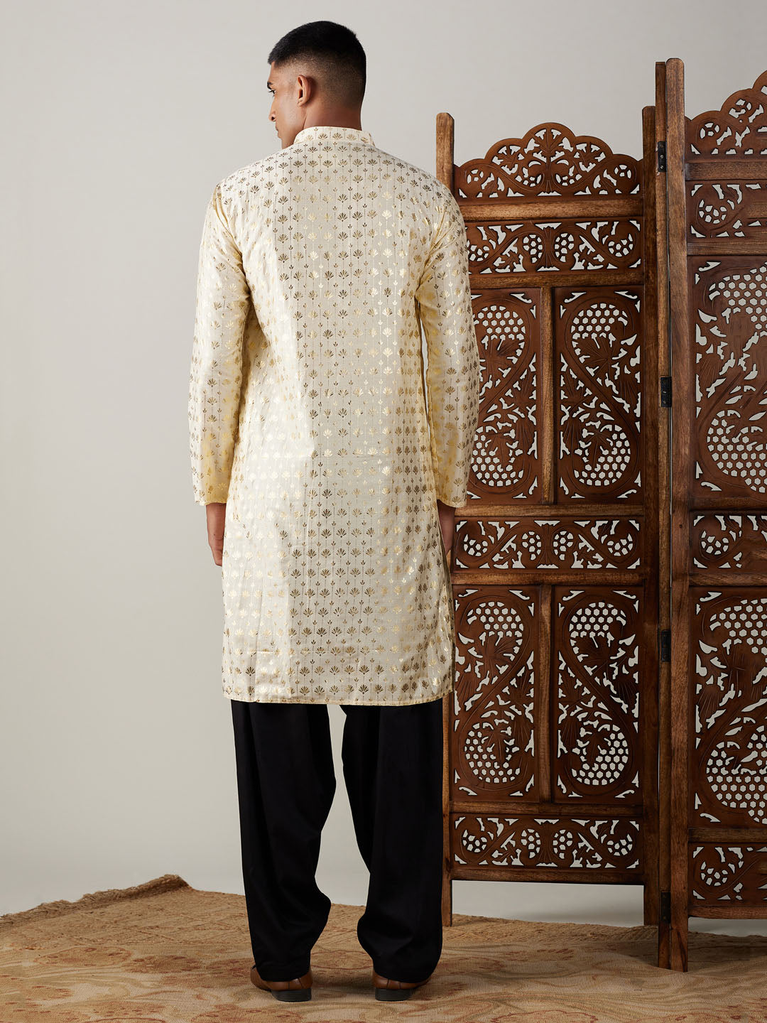 Sarvati Men's Gold Foil Printed Kurta With Black Patiala Set