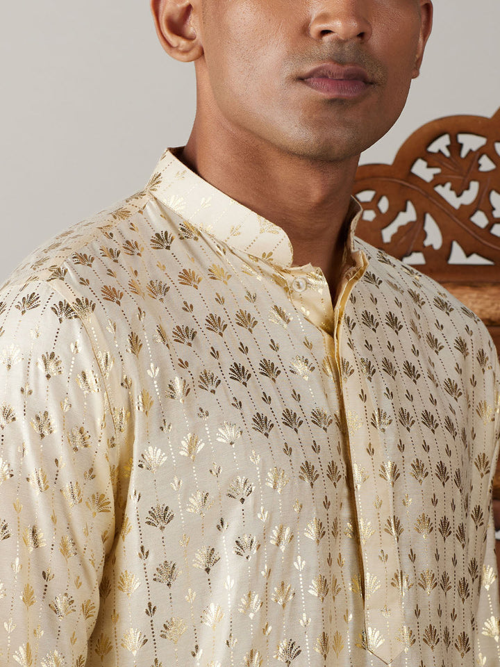 Sarvati Men's Gold Foil Printed Kurta With Black Patiala Set