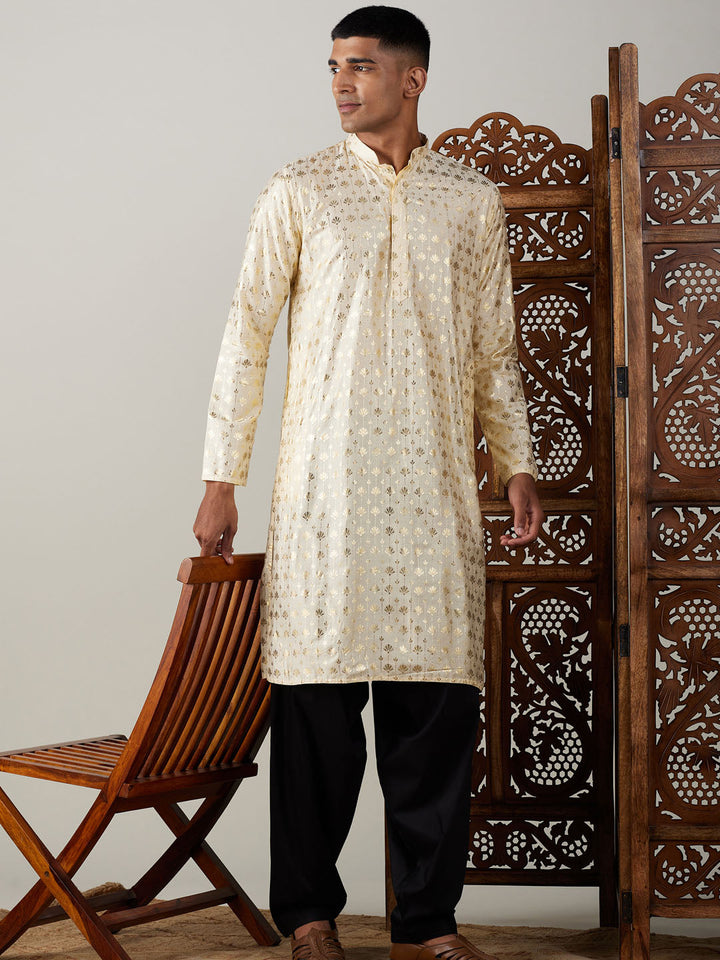 Sarvati Men's Gold Foil Printed Kurta With Black Patiala Set