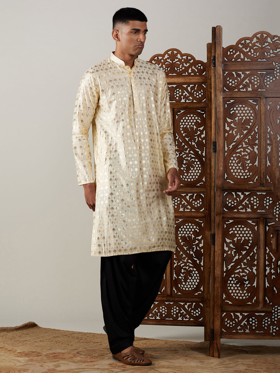 Sarvati Men's Gold Foil Printed Kurta With Black Patiala Set