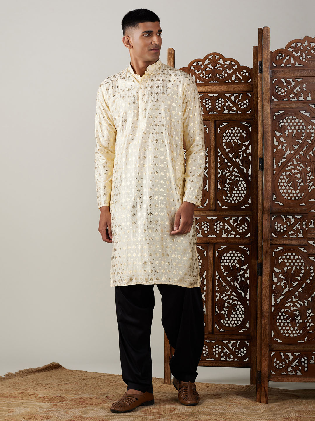 Sarvati Men's Gold Foil Printed Kurta With Black Patiala Set