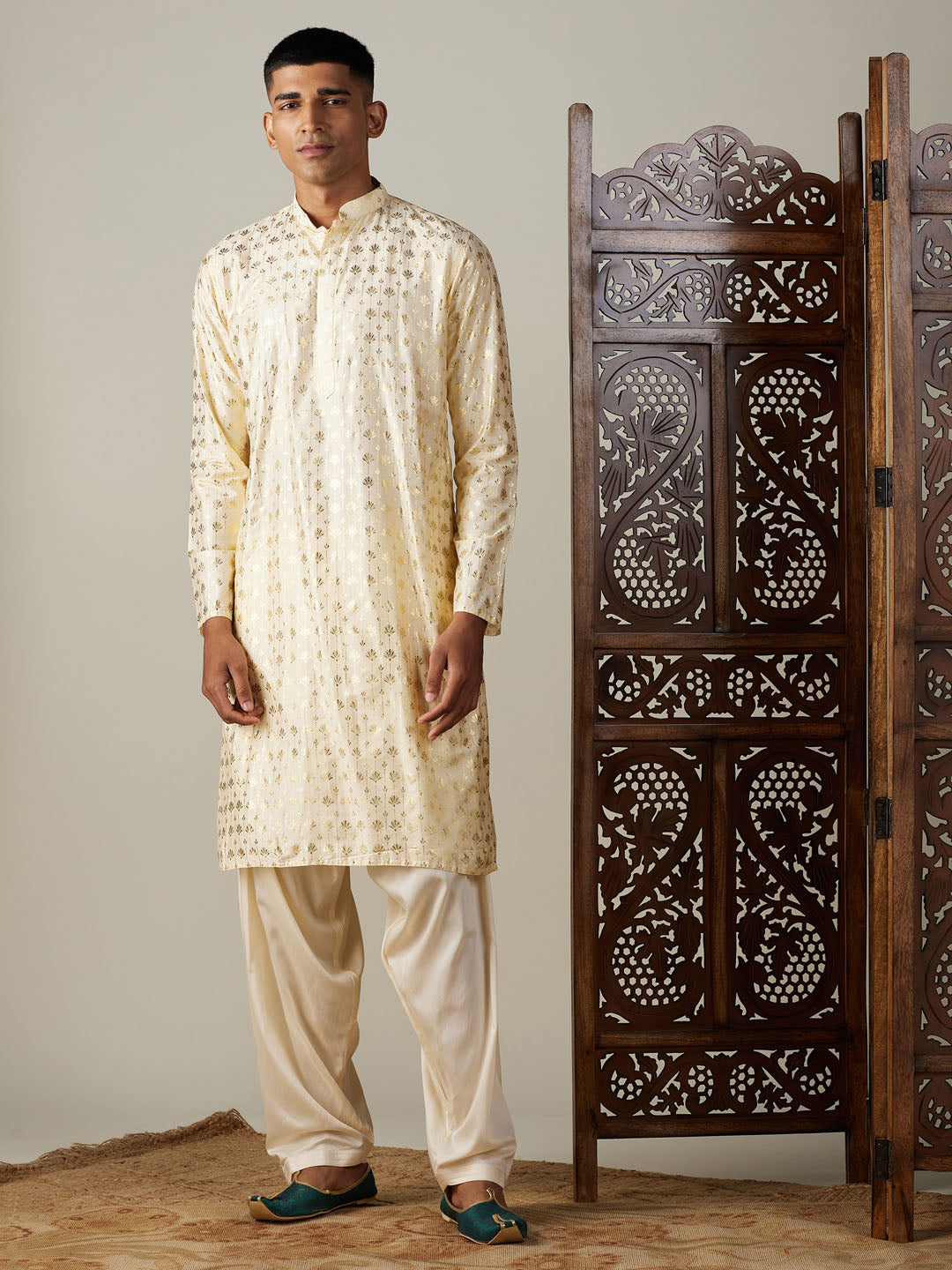 Sarvati Men's Gold Foil Printed Kurta With Cream Patiala Set