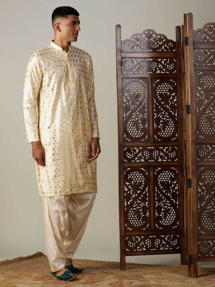 Sarvati Men's Gold Foil Printed Kurta With Cream Patiala Set