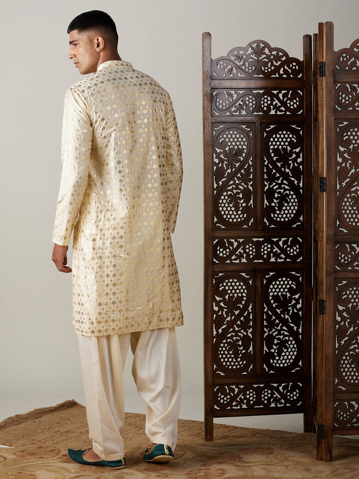 Sarvati Men's Gold Foil Printed Kurta With Cream Patiala Set