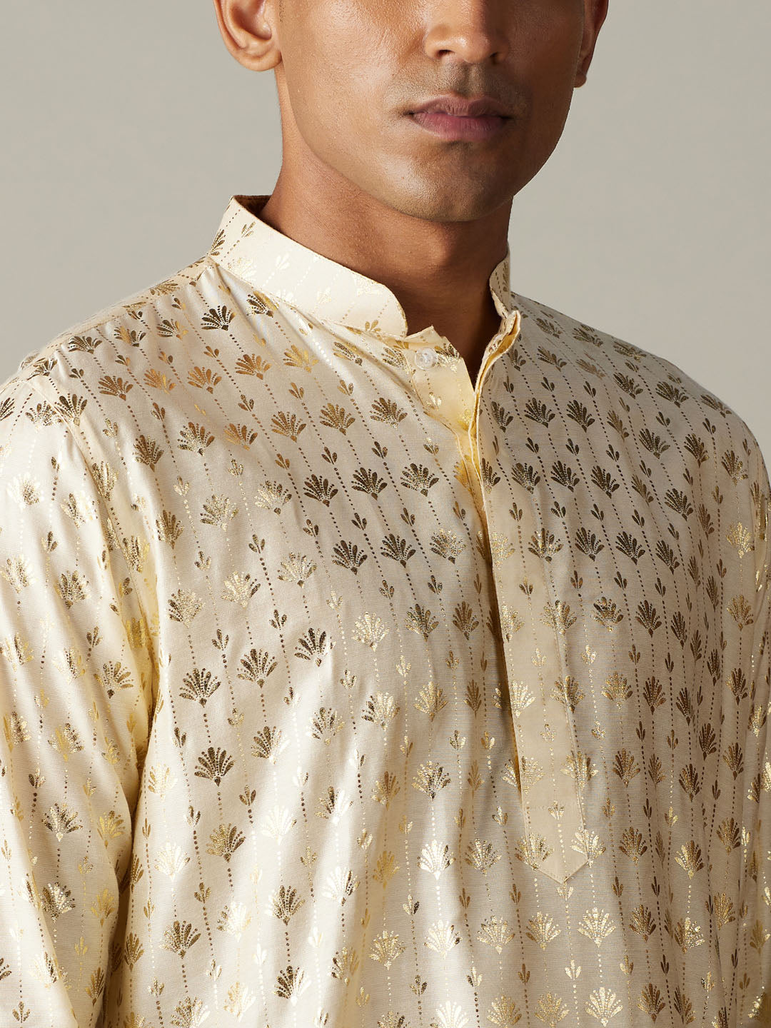 Sarvati Men's Gold Foil Printed Kurta With Cream Patiala Set