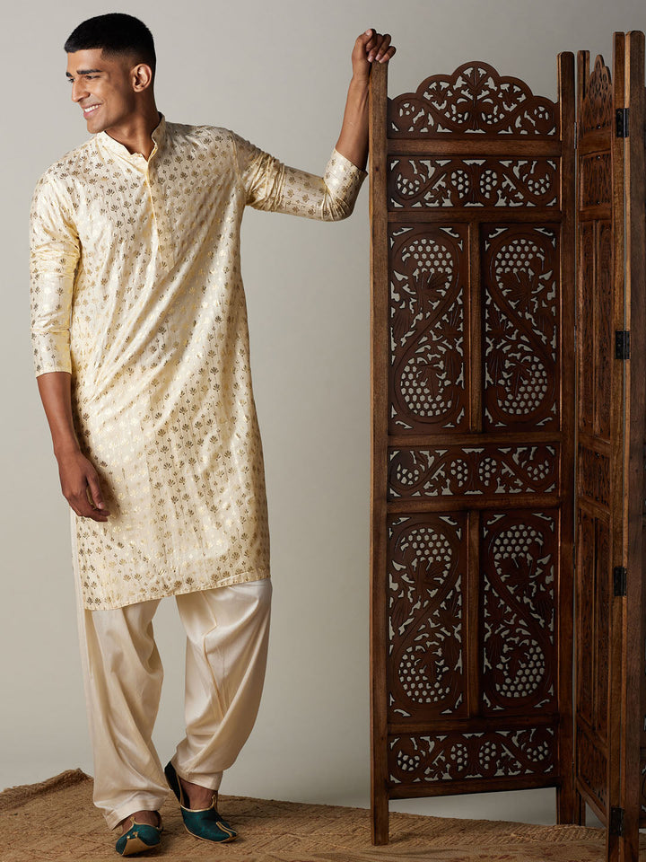 Sarvati Men's Gold Foil Printed Kurta With Cream Patiala Set