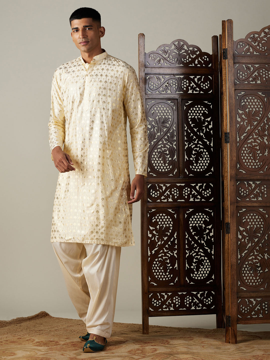 Sarvati Men's Gold Foil Printed Kurta With Cream Patiala Set