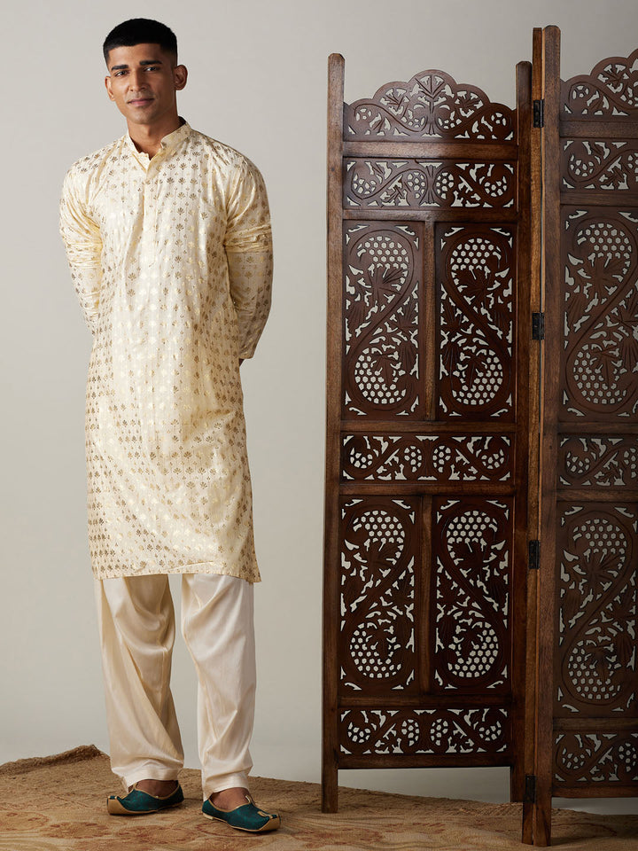 Sarvati Men's Gold Foil Printed Kurta With Cream Patiala Set