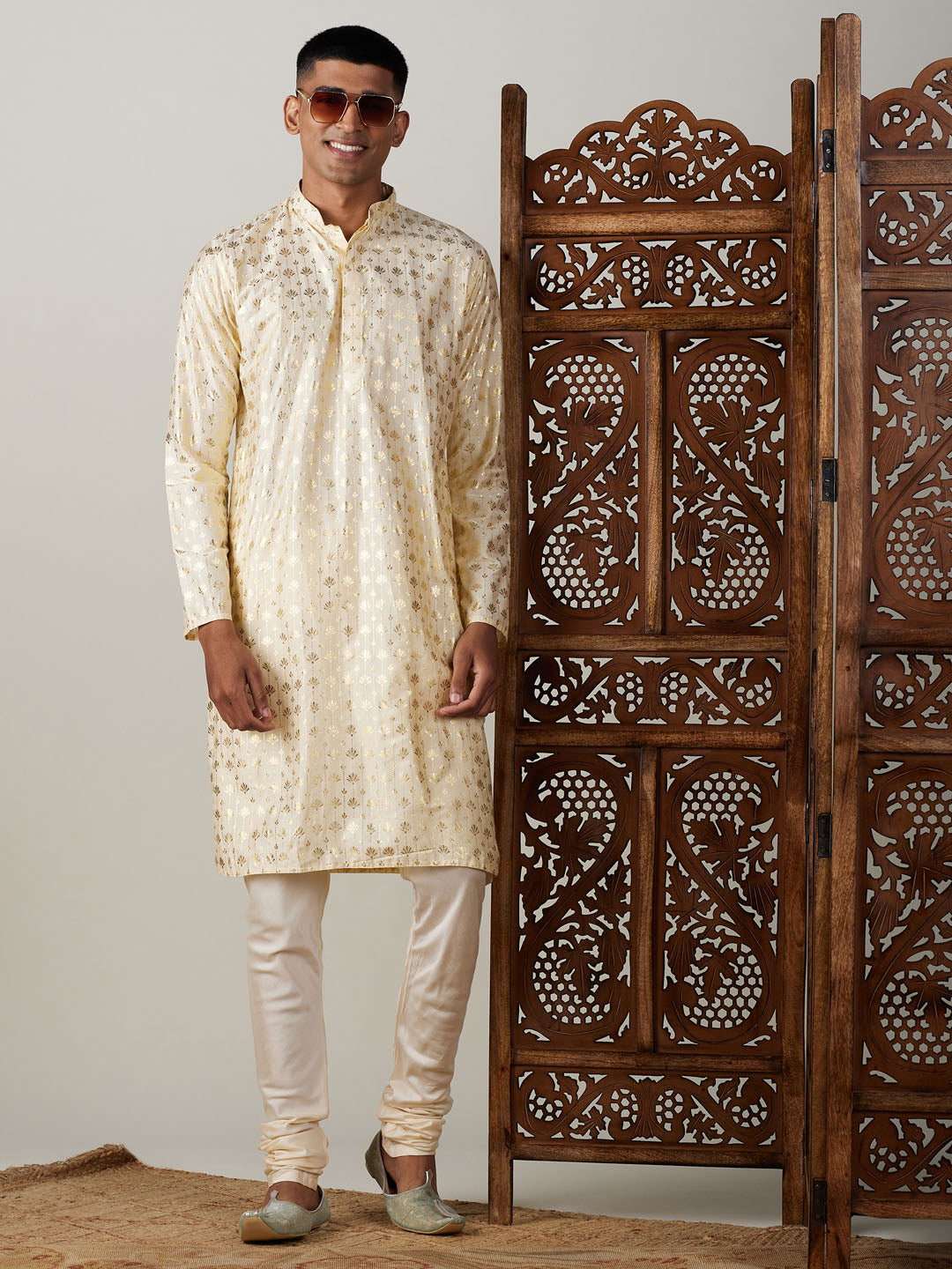 Sarvati Men's Gold Foil Printed Kurta With Cream Pyjama Set