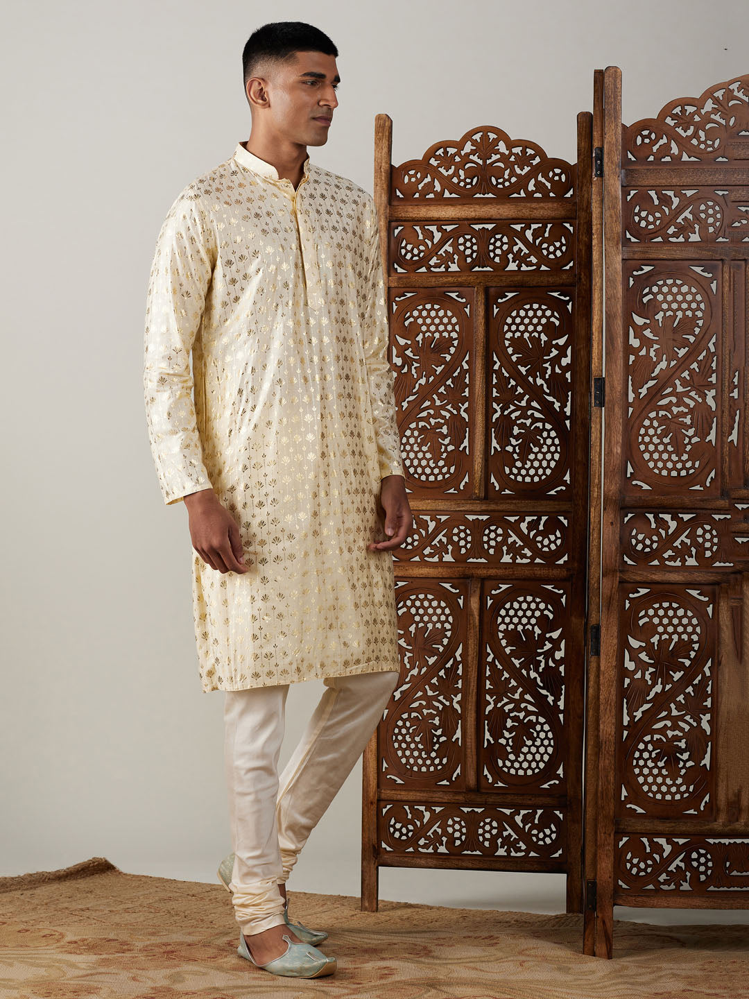 Sarvati Men's Gold Foil Printed Kurta With Cream Pyjama Set