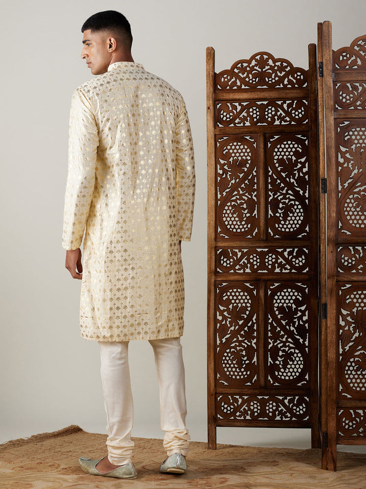 Sarvati Men's Gold Foil Printed Kurta With Cream Pyjama Set