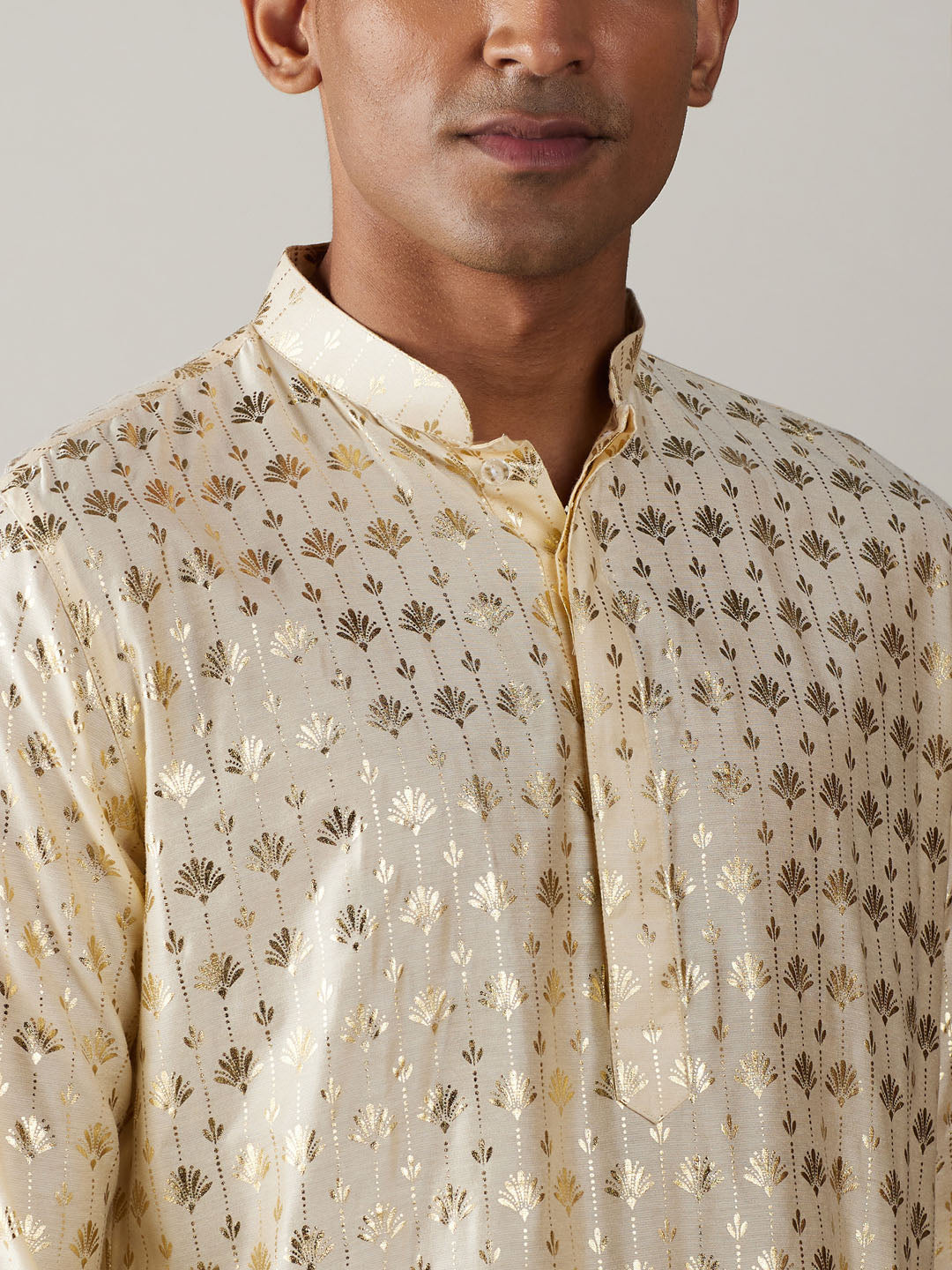 Sarvati Men's Gold Foil Printed Kurta With Cream Pyjama Set