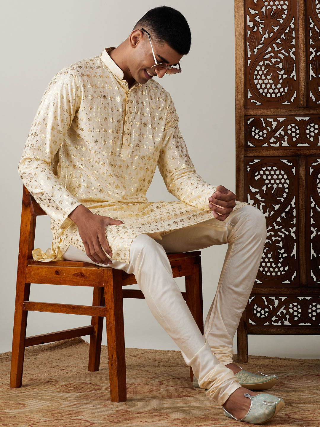 Sarvati Men's Gold Foil Printed Kurta With Cream Pyjama Set