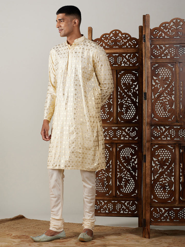 Sarvati Men's Gold Foil Printed Kurta With Cream Pyjama Set