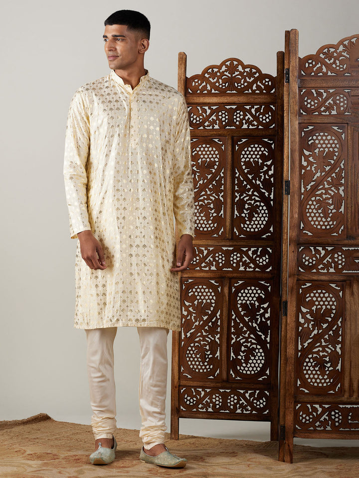 Sarvati Men's Gold Foil Printed Kurta With Cream Pyjama Set