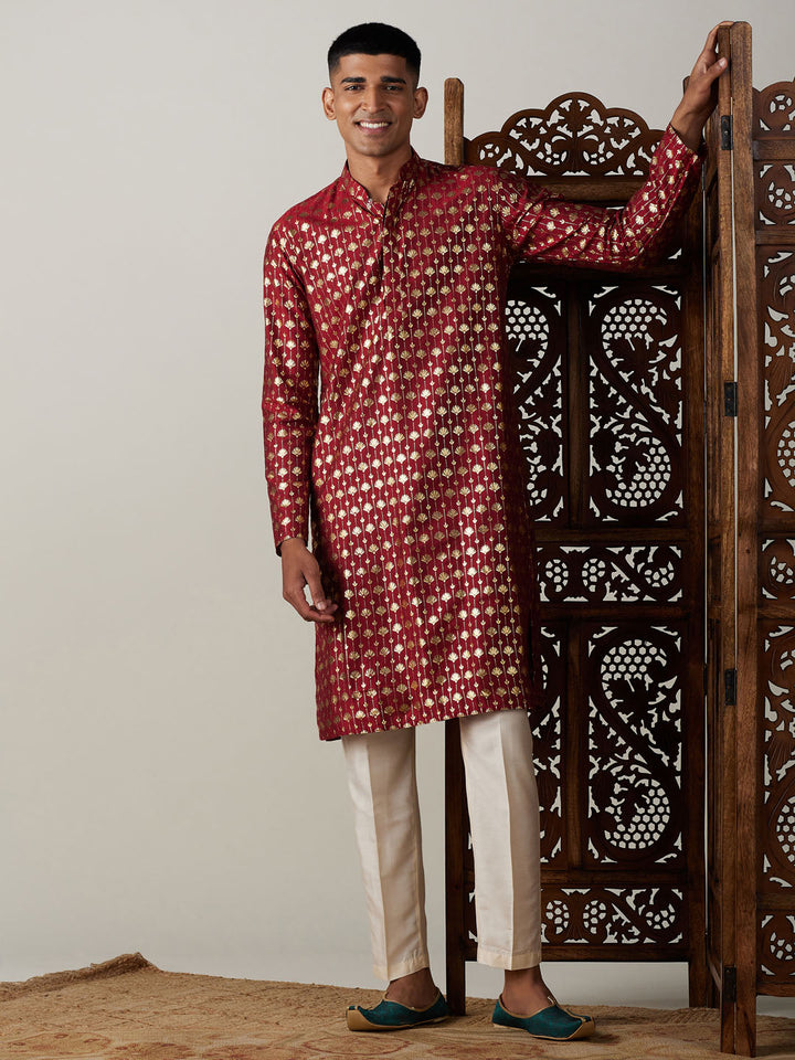 Sarvati Men's Maroon Foil Printed Kurta With Cream Pant Style Pyjama Set