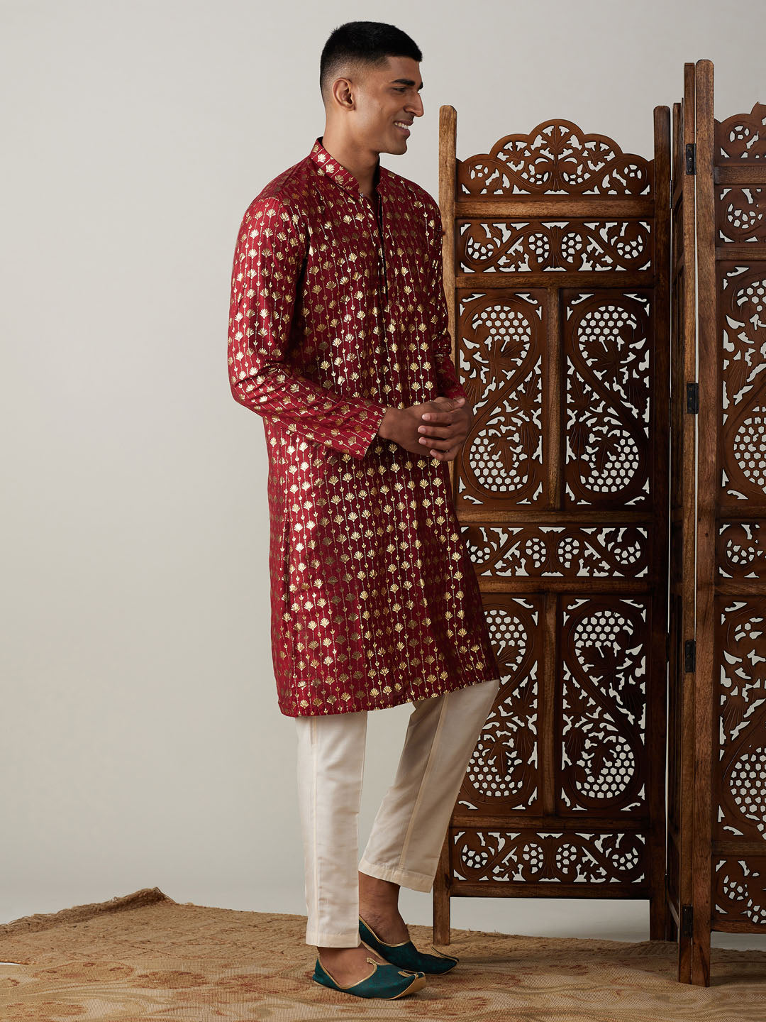 Sarvati Men's Maroon Foil Printed Kurta With Cream Pant Style Pyjama Set