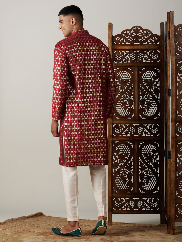 Sarvati Men's Maroon Foil Printed Kurta With Cream Pant Style Pyjama Set