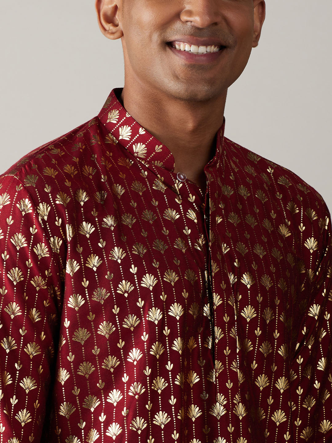 Sarvati Men's Maroon Foil Printed Kurta With Cream Pant Style Pyjama Set