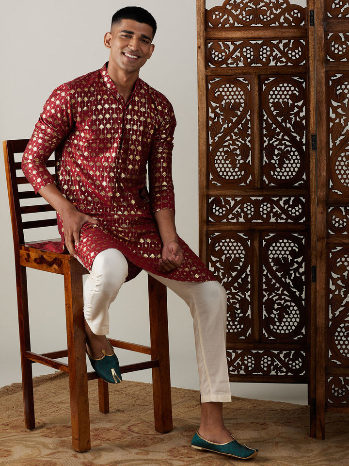 Sarvati Men's Maroon Foil Printed Kurta With Cream Pant Style Pyjama Set