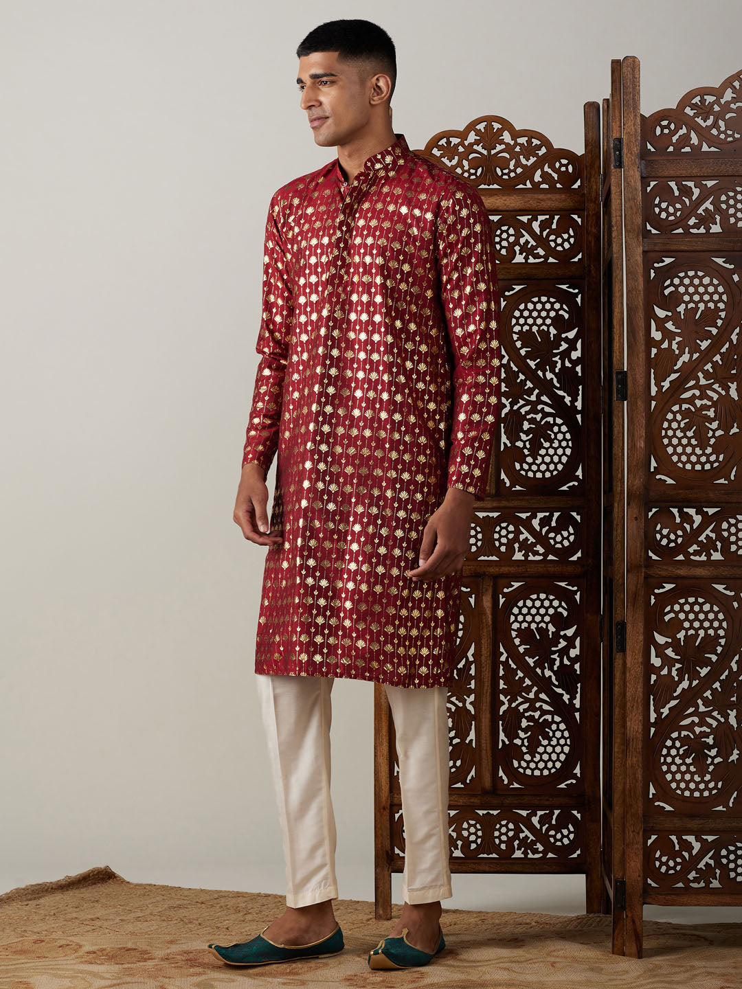 Sarvati Men's Maroon Foil Printed Kurta With Cream Pant Style Pyjama Set