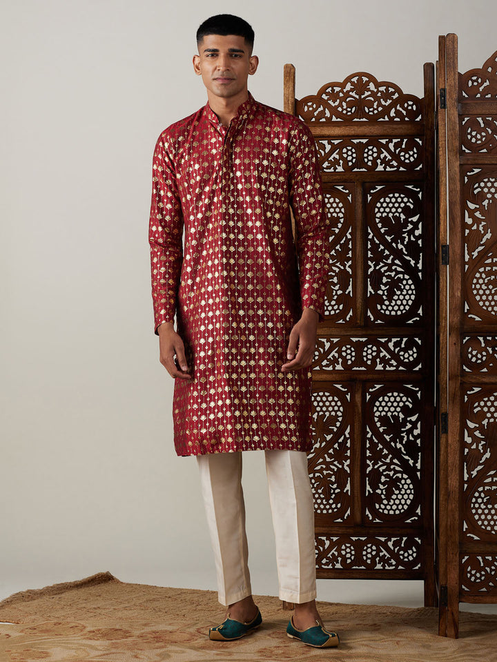 Sarvati Men's Maroon Foil Printed Kurta With Cream Pant Style Pyjama Set