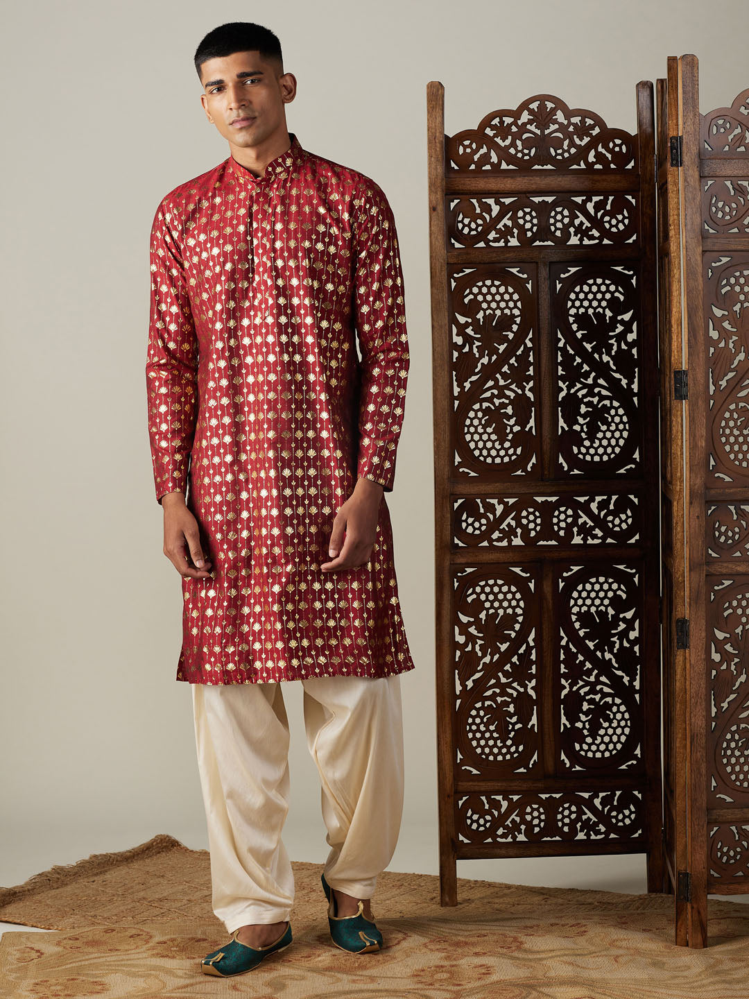 Sarvati Men's Maroon Foil Printed Kurta With Cream Patiala Set