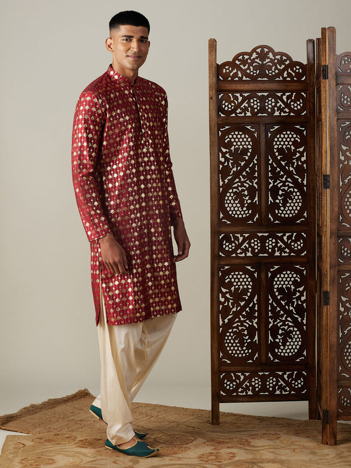 Sarvati Men's Maroon Foil Printed Kurta With Cream Patiala Set