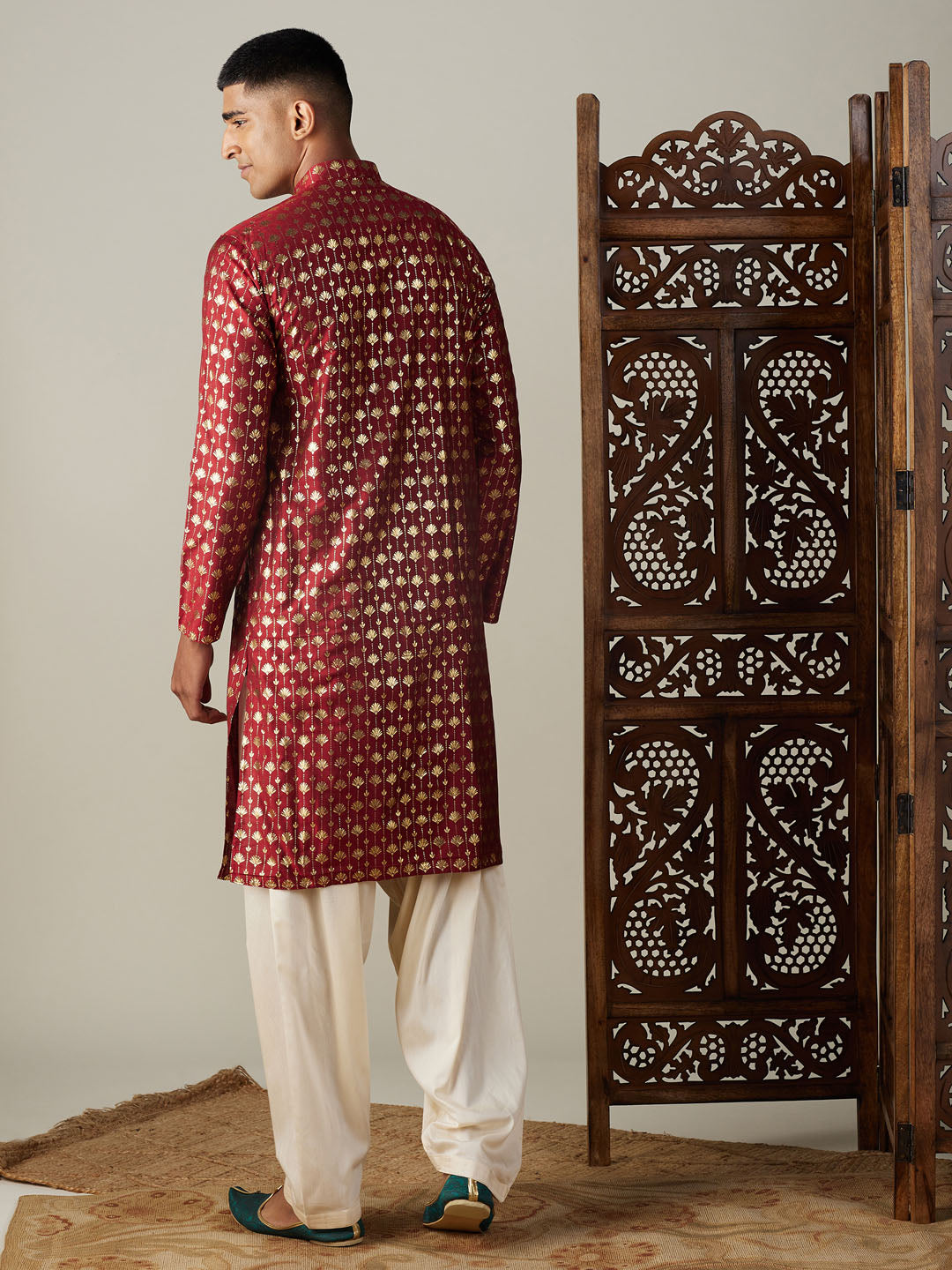 Sarvati Men's Maroon Foil Printed Kurta With Cream Patiala Set