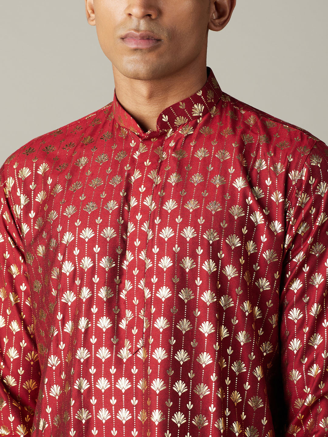 Sarvati Men's Maroon Foil Printed Kurta With Cream Patiala Set