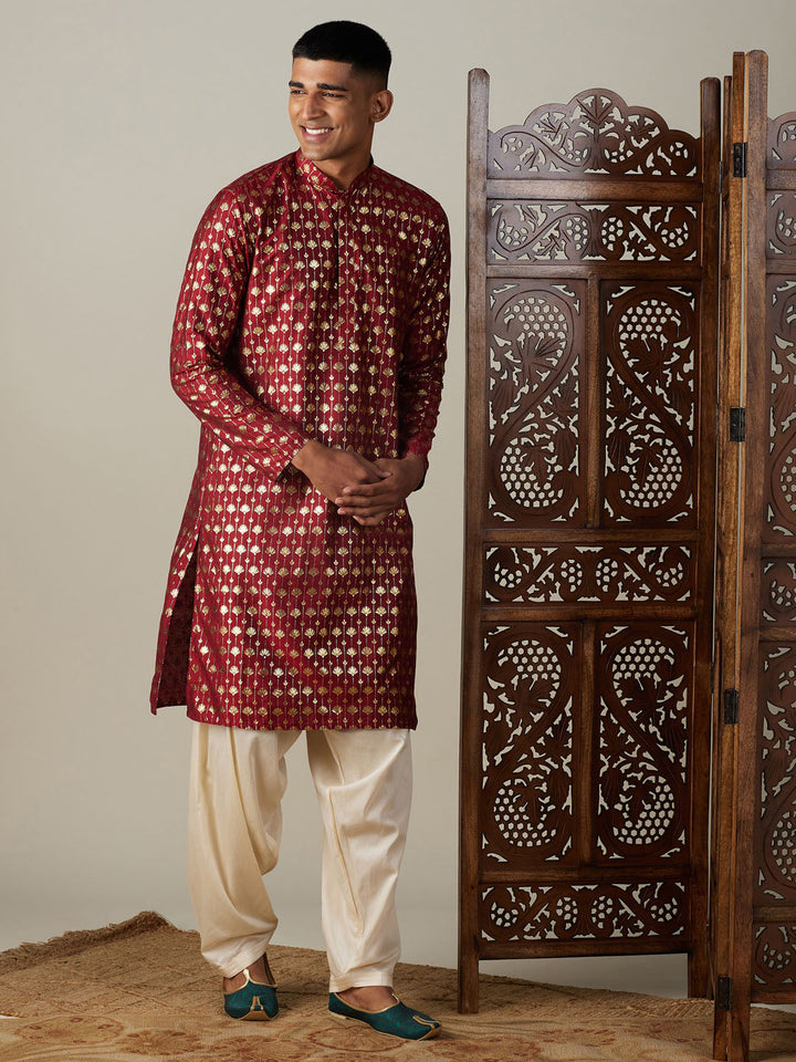 Sarvati Men's Maroon Foil Printed Kurta With Cream Patiala Set