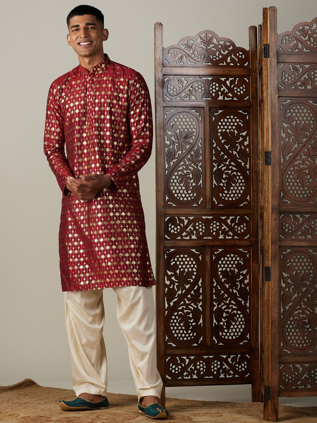 Sarvati Men's Maroon Foil Printed Kurta With Cream Patiala Set