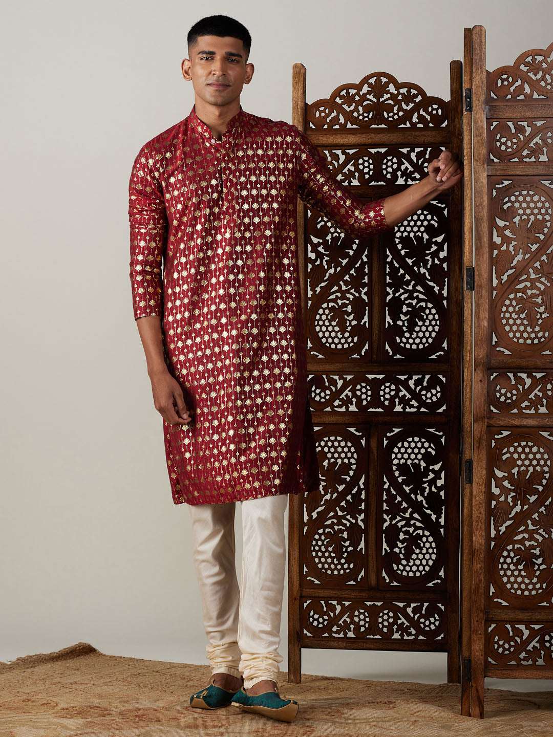 Sarvati Men's Maroon Foil Printed Kurta With Cream Pyjama Set