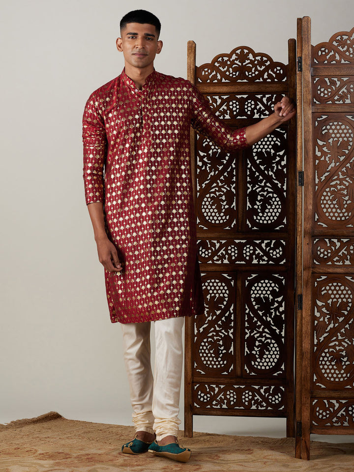 Sarvati Men's Maroon Foil Printed Kurta With Cream Pyjama Set