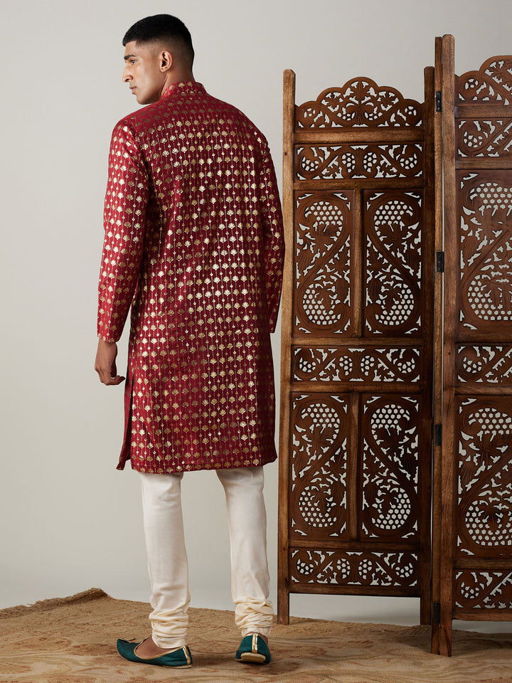 Sarvati Men's Maroon Foil Printed Kurta With Cream Pyjama Set