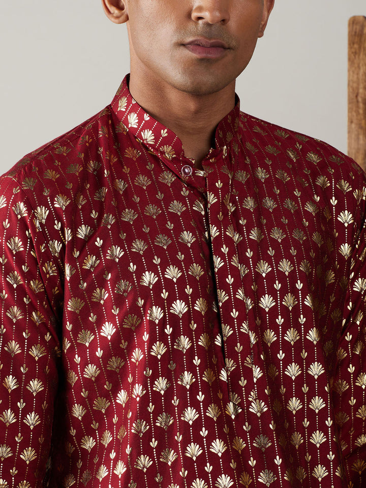 Sarvati Men's Maroon Foil Printed Kurta With Cream Pyjama Set