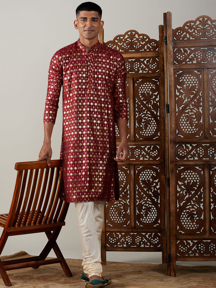 Sarvati Men's Maroon Foil Printed Kurta With Cream Pyjama Set