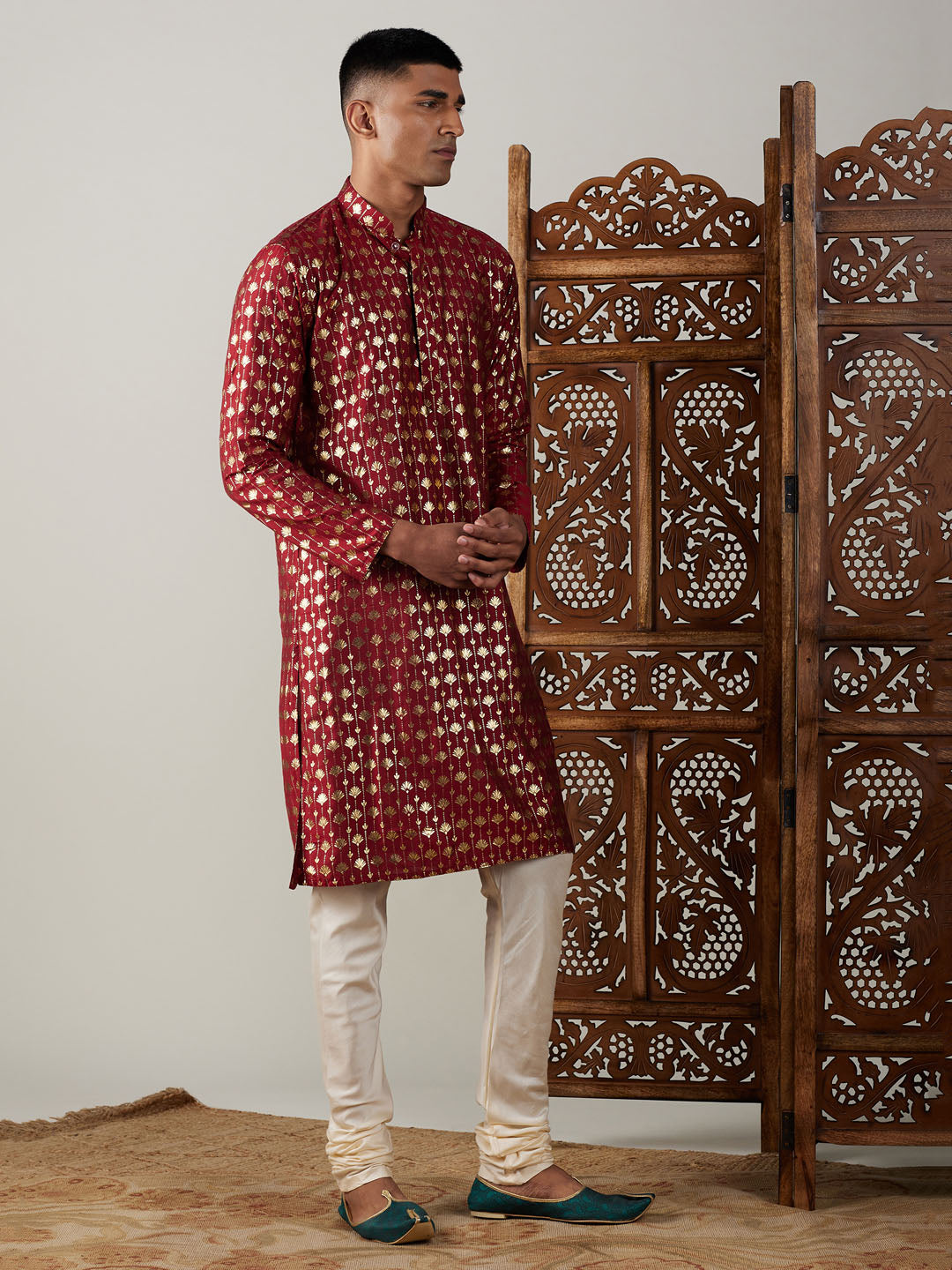 Sarvati Men's Maroon Foil Printed Kurta With Cream Pyjama Set