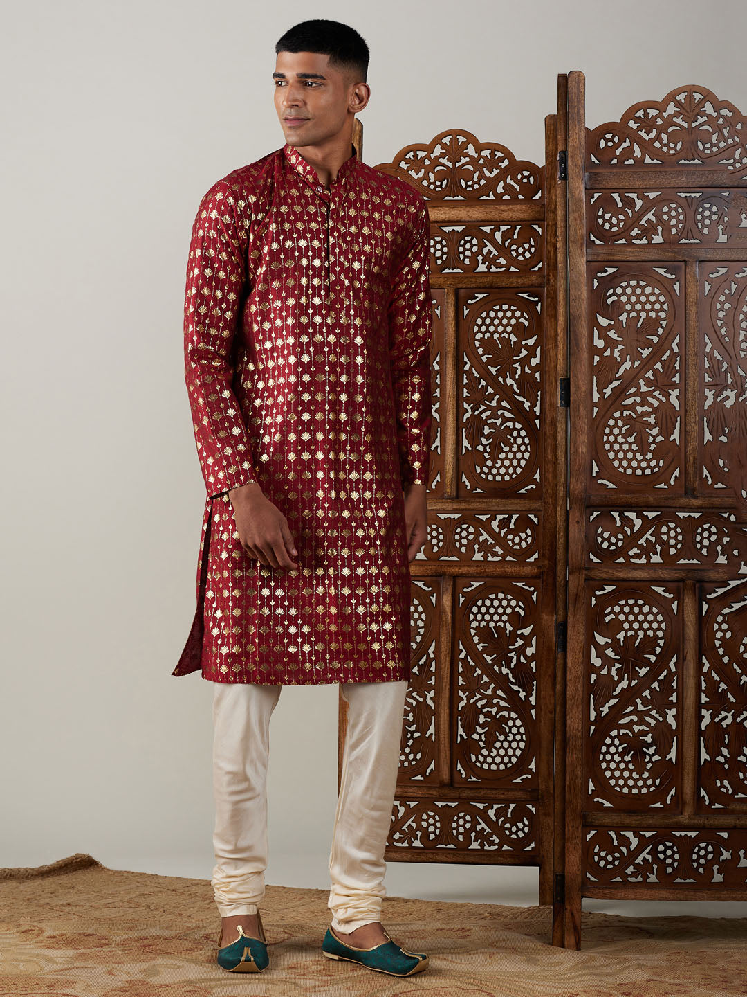 Sarvati Men's Maroon Foil Printed Kurta With Cream Pyjama Set