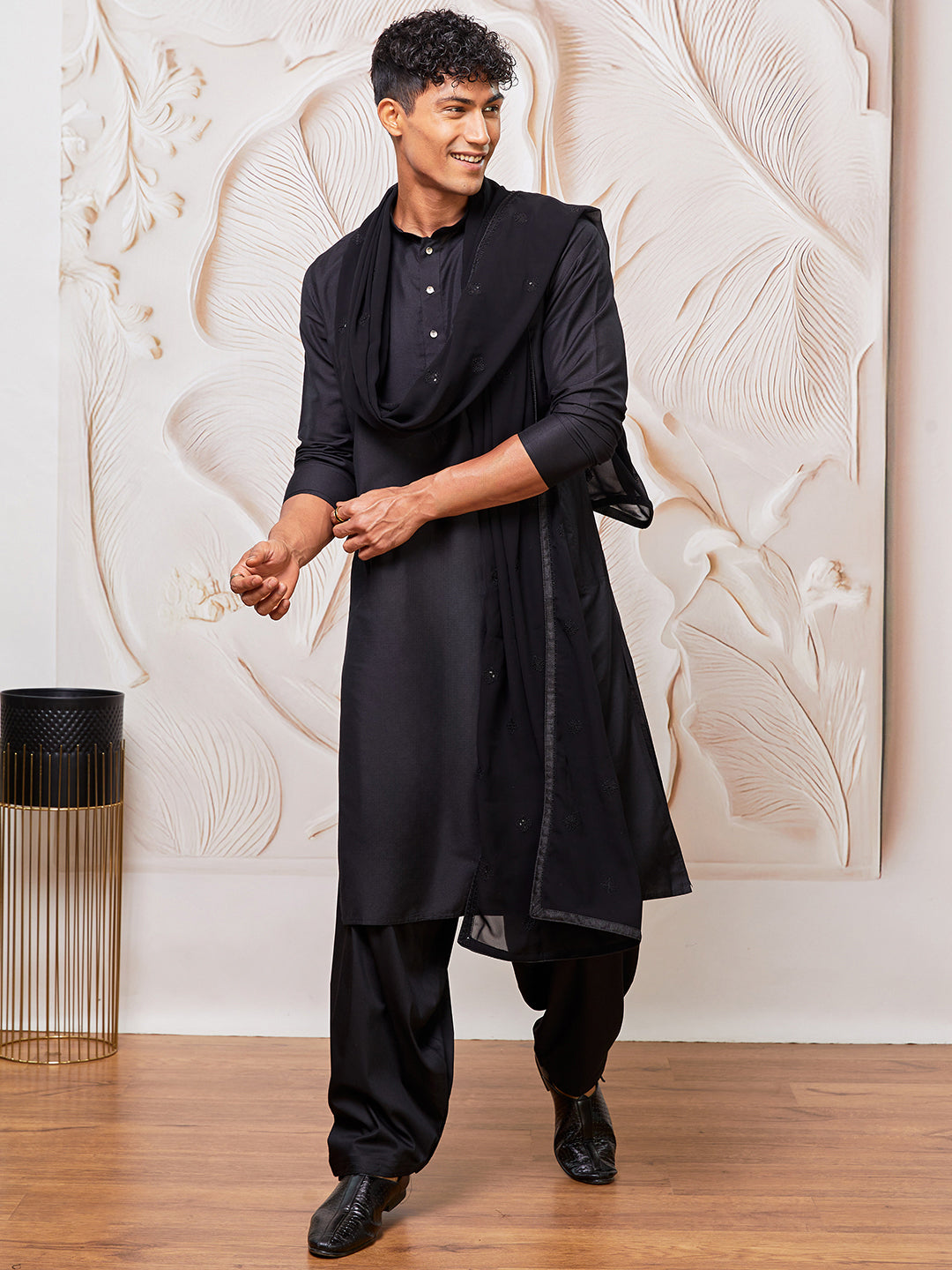 Men's Black Viscose Kurta,Patiala And Dupatta Set.