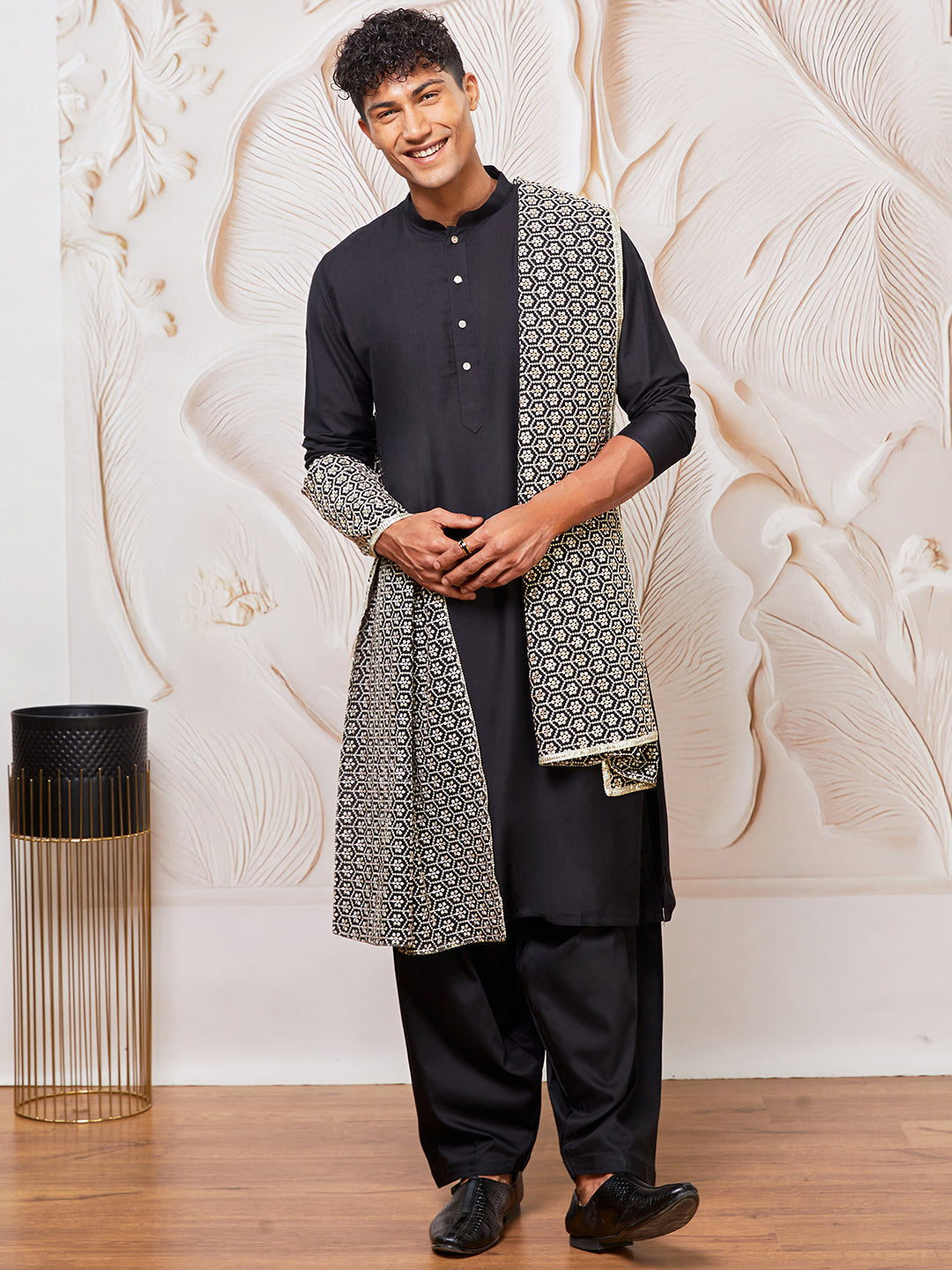 Men's Black Viscose Kurta,Patiala And Dupatta Set.