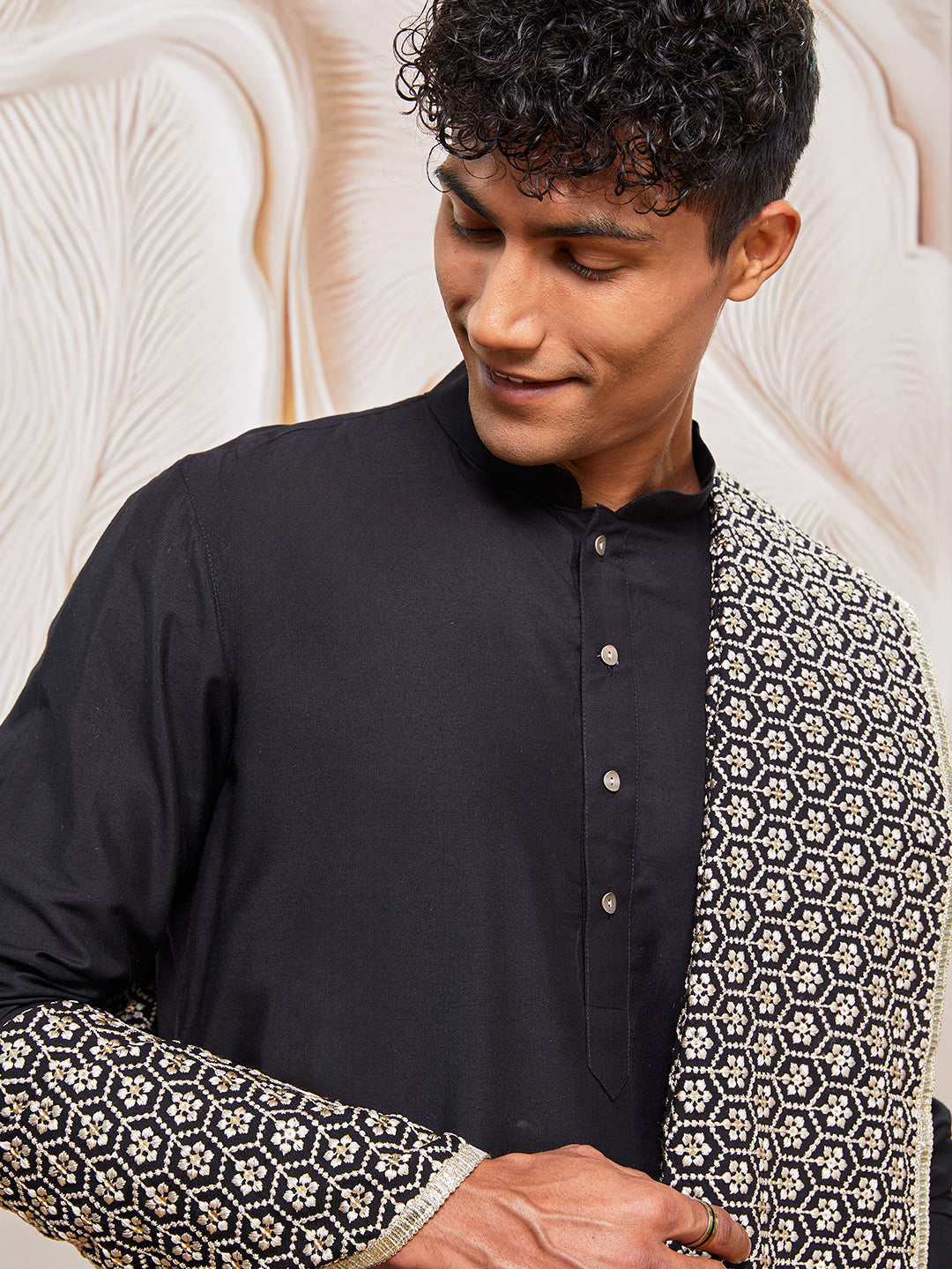 Men's Black Viscose Kurta,Patiala And Dupatta Set.