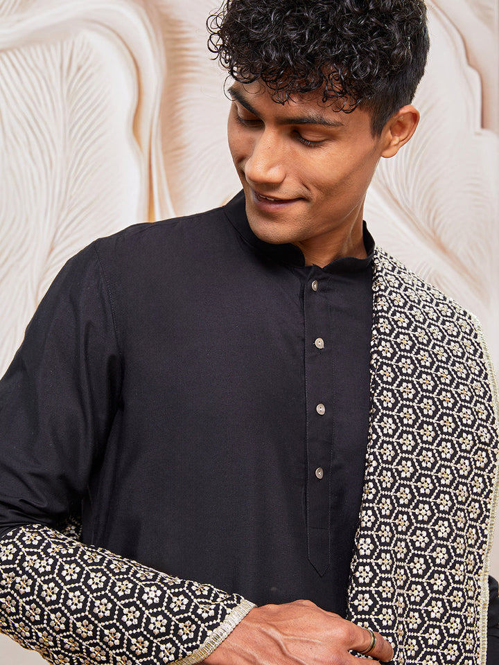 Men's Black Viscose Kurta,Patiala And Dupatta Set.